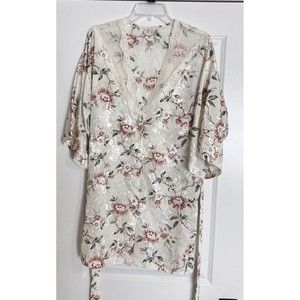Vintage California Dynasty Robe Sz S Iridescent White Pink Floral Lace Neckline